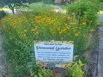 The Master Gardener Riverwalk garden in bloom with a welcome sign displayed.