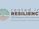 Tree with roots graphic and text: "rooted in RESILIENCE" and "2023 Report to the Community"