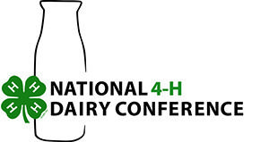 Milk bottle outline, green 4‑leaf 4‑H clover, text "NATIONAL 4‑H DAIRY CONFERENCE"