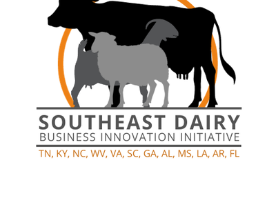 Cow, goat and sheep silhouettes over orange arc above text "SOUTHEAST DAIRY BUSINESS INNOVATION INITIATIVE"