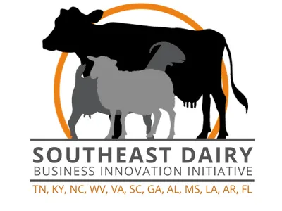 Cow, goat and sheep silhouettes over orange arc above text "SOUTHEAST DAIRY BUSINESS INNOVATION INITIATIVE"