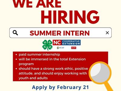N.C. Cooperative Extension-Rowan County Center WE ARE HIRING SUMMER INTERN • paid summer internship • will be immersed in the total Extension program • should have a strong work ethic, positive attitude, and should enjoy working with youth and adults Appl
