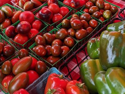 tomatoes and green peppers displayed in baskets