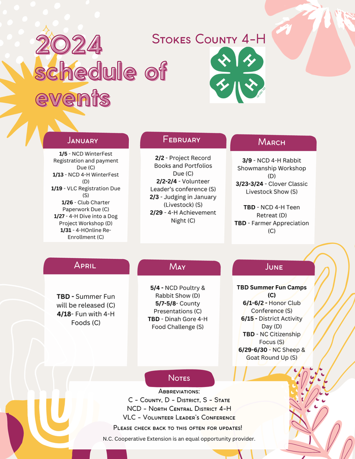 2024 schedule of events calendar for Stokes County 4‑H with monthly event listings