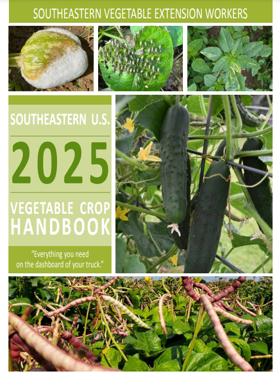 Southeastern U.S. 2025 Vegetable Crop Handbook cover with cucumbers and other crop photos