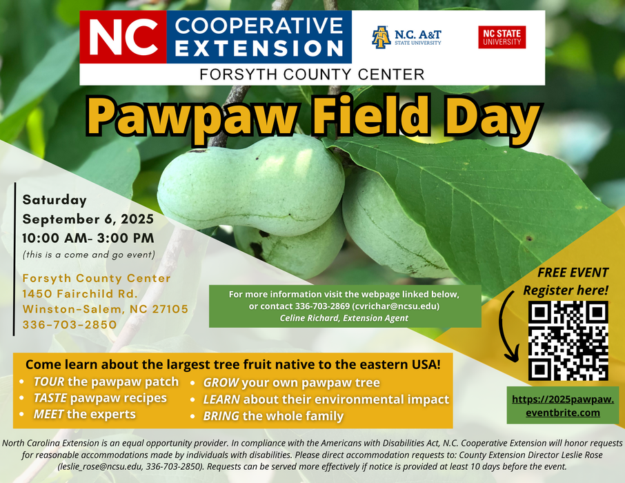 Pawpaw Field Day flyer — Sept 6, 2025, 10:00 AM–3:00 PM; Forsyth County Center; QR code