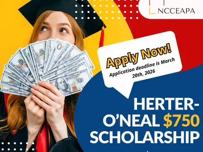 Graduate in cap holding fan of $100 bills; Herter-O'Neal $750 Scholarship, Apply Now