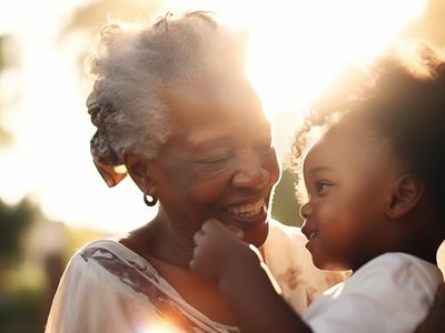Older woman holding young girl, faces close in backlit outdoor setting
