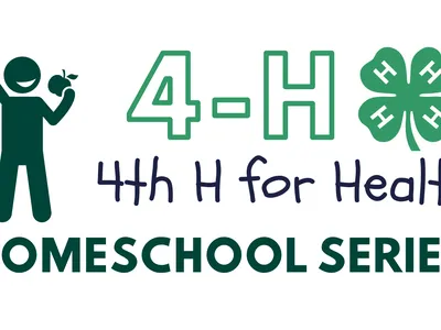 4-H for Health homeschool series logo: person with dumbbell and apple, "4-H" and clover