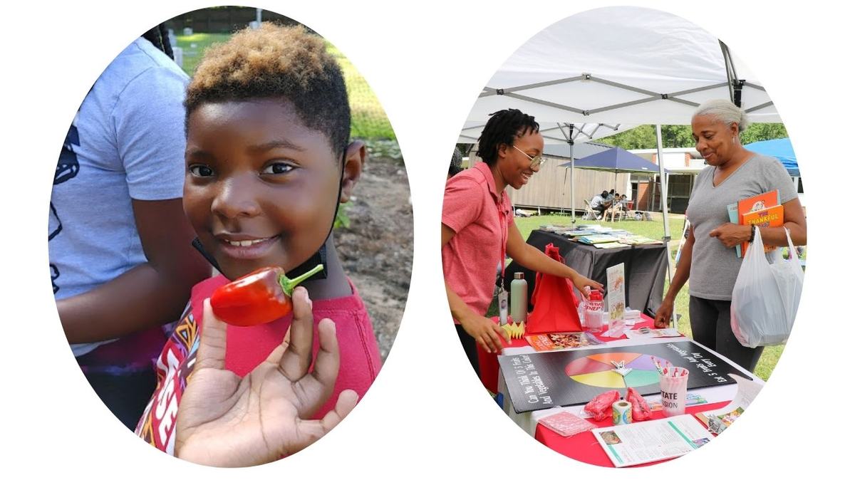 A child shows off a pepper.