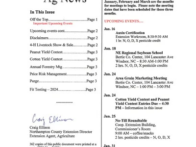 Ag News January 2024 newsletter header from N.C. Cooperative Extension listing upcoming events.