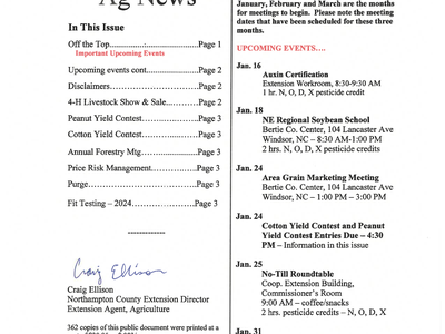 Ag News January 2024 newsletter header from N.C. Cooperative Extension listing upcoming events.