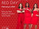 National Wear Red Day Feb 2, 2024 — three women in red, center woman forming heart with hands