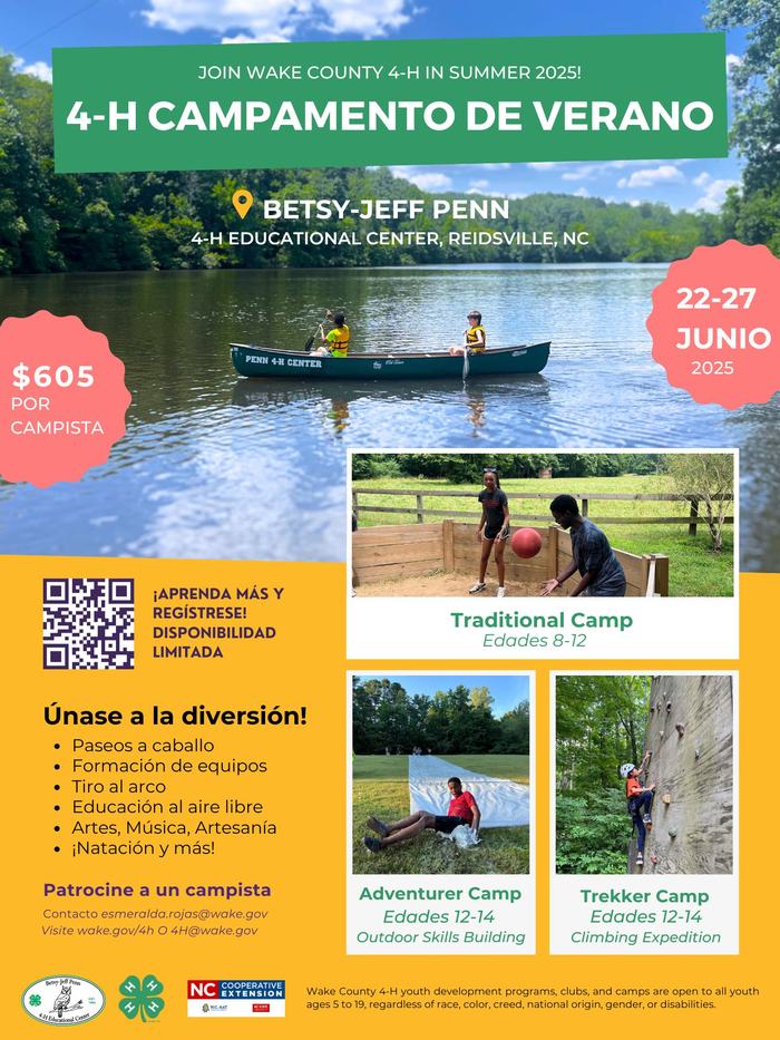 4-H Campamento de Verano poster: Betsy-Jeff Penn, 22-27 junio 2025, $605 por campista