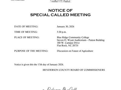 Henderson County notice: Special called meeting Jan 30, 2024 5:30 p.m., Blue Ridge Community College