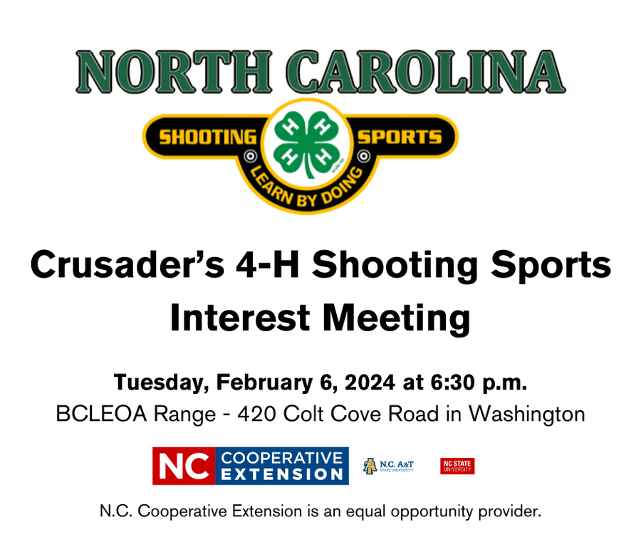 Shooting Sports logo. Crusader's shooting sports interest meeting Tuesday, February 6, at 6:30 p.m. N.C. Cooperative Extension logo.