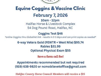 Equine Coggins & Vaccine Clinic — Feb 7, 2026 10–12pm; Halifax Horse & Livestock Complex; Coggins $46