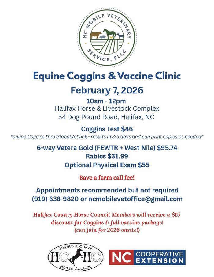 Equine Coggins & Vaccine Clinic — Feb 7, 2026 10–12pm; Halifax Horse & Livestock Complex; Coggins $46