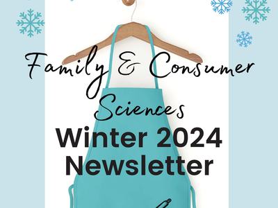 Teal background with blue and teal snow flakes. A hanger with an apron that a bowl and whisk on it  