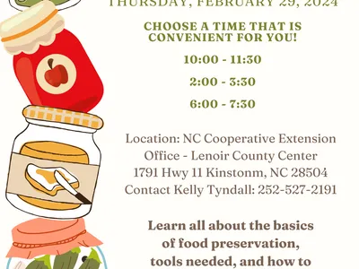 Flyer: Food Preservation 101 class, Feb 29 2024, times 10:00–11:30, 2:00–3:30, 6:00–7:30