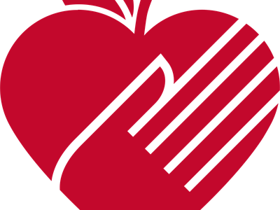 Red heart-shaped apple with stylized hand and four diagonal finger stripes