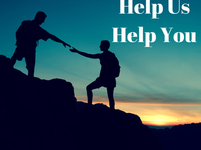 Two silhouetted hikers at sunset, one reaching to help the other; text "Help Us Help You"