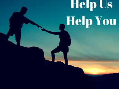 Two silhouetted hikers at sunset, one reaching to help the other; text "Help Us Help You"