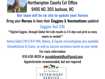 Equine Coggins & Vaccine Clinic, Jan 20 10am–12pm, Northampton County Ext Office, Jackson