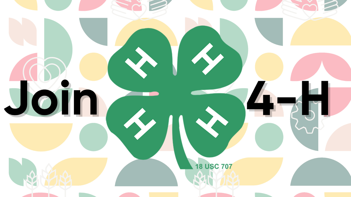 "Join 4-H" written in black with green 4-H clover on tiled 4-H, multicolored, icons background