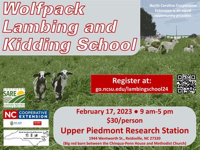 Wolfpack Lambing and Kidding School poster; Register at go.ncsu.edu/lambingschool24
