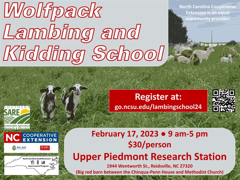 Wolfpack Lambing and Kidding School poster; Register at go.ncsu.edu/lambingschool24