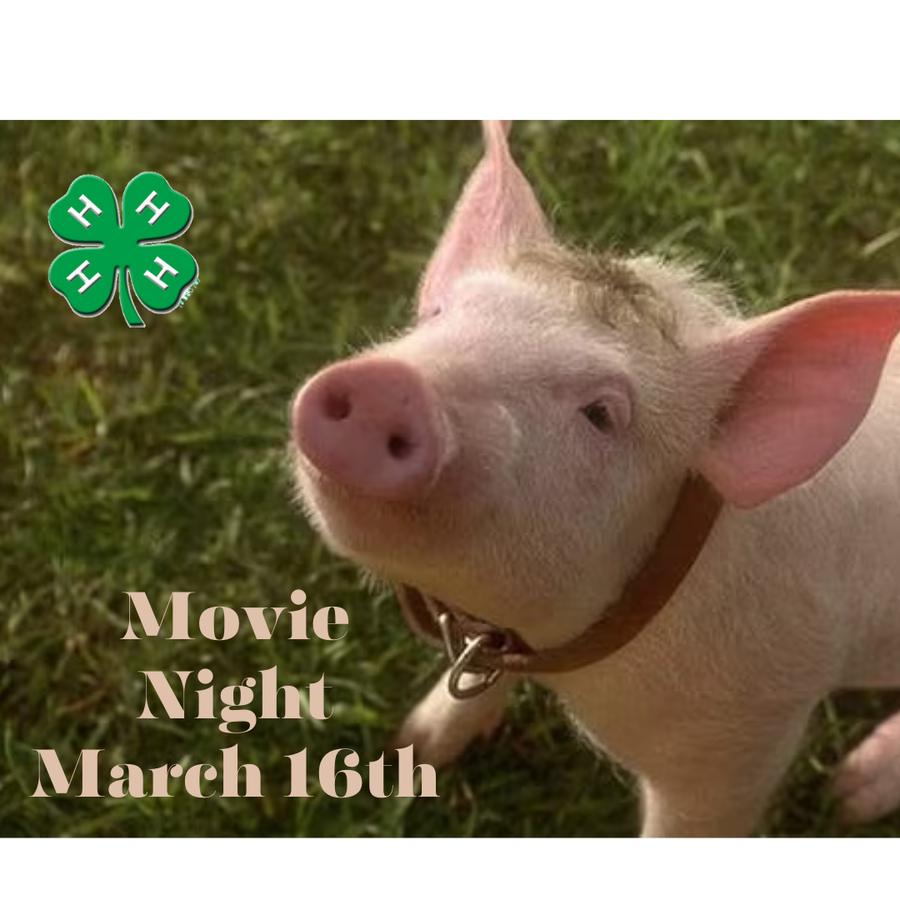 Piglet wearing a collar on grass; text "Movie Night March 16th" and 4-H clover logo