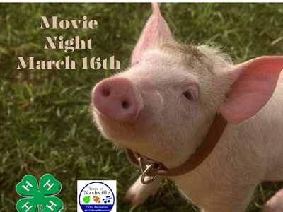 Pig with a collar on grass; text "Movie Night March 16th" and two logos