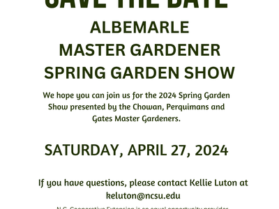 Save the Date flyer for Albemarle Master Gardener Spring Garden Show, April 27th, 2024
