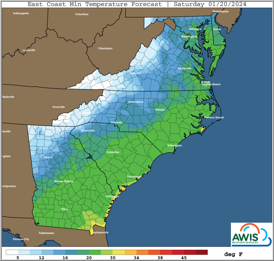 East Coast Min Temperature Forecast, Saturday 01/20/2024