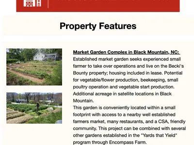 NC FarmLink Connector header; "Property Features" page with Market Garden Complex listing