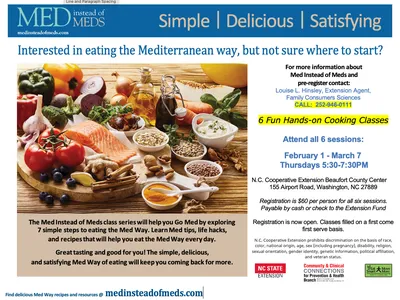 Mediterranean foods display; text: "Interested in eating the Mediterranean way? 6 Fun Hands-on Cooking Classes"