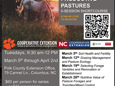 Horse grazing; PRODUCTIVE PASTURES 5-session shortcourse — Tuesdays 9:30am–12pm, Mar 5–Apr 2
