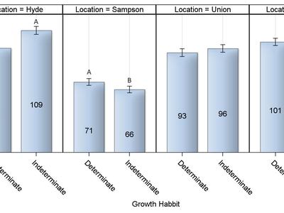 Yields by growth habit and location: Hyde 96/109, Sampson 71/66, Union 93/96, Yadkin 101/101