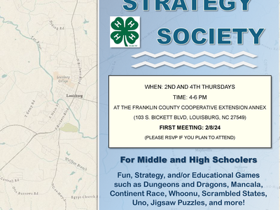 Strategy Society 4-H Club Flyer with meeting itime and description, dates, volunteer and agent contact info.