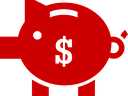 Red piggy bank silhouette with black dollar sign on side and top coin slot