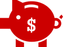Red piggy bank silhouette with black dollar sign on side and top coin slot