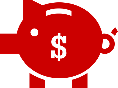 Red piggy bank silhouette with black dollar sign on side and top coin slot