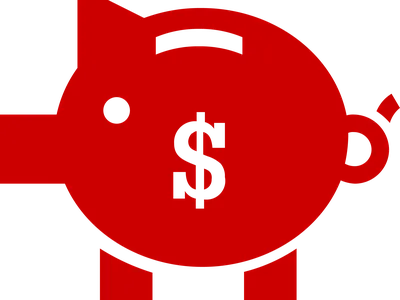 Red piggy bank silhouette with black dollar sign on side and top coin slot