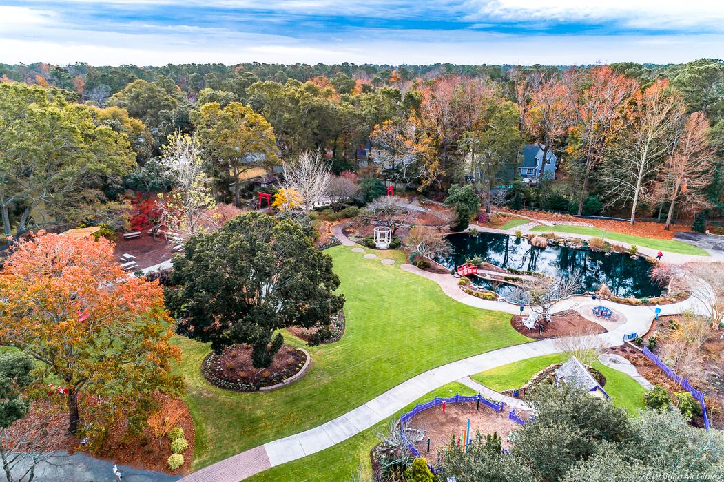 arial view of new hanover county arboretum pond and grounds
