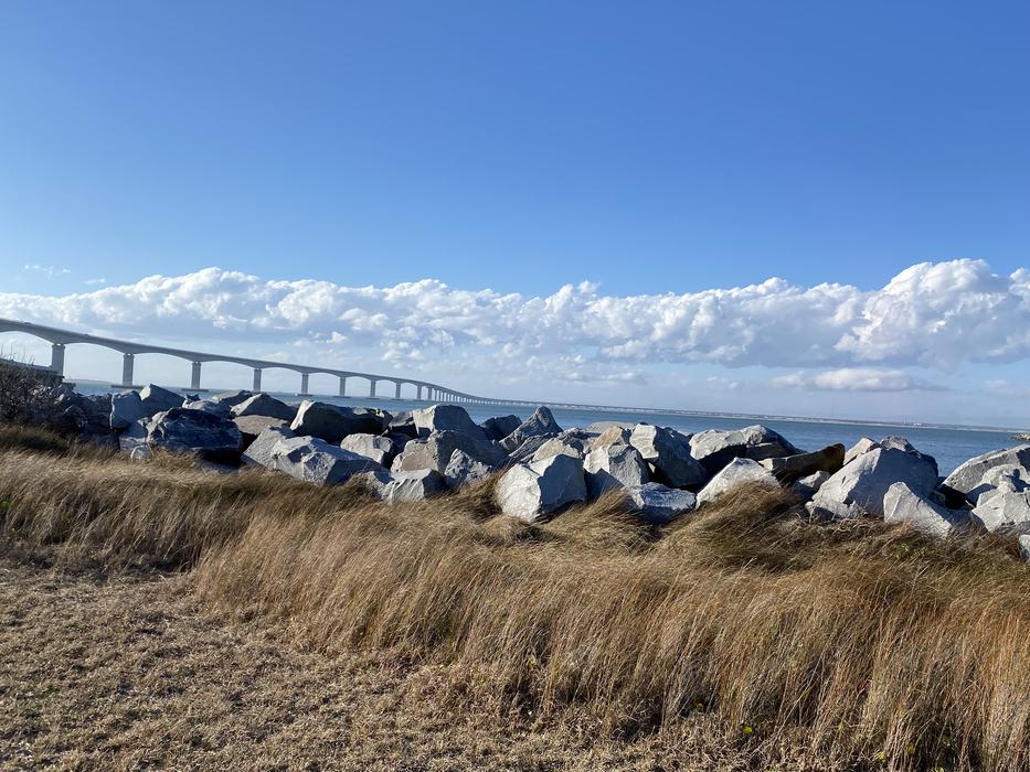 A rocky shore with a bridge in the background.