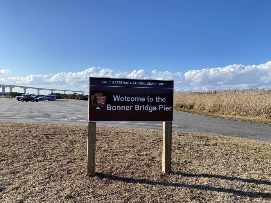 A sign that reads Welcome to the Bonner Bridge Pier