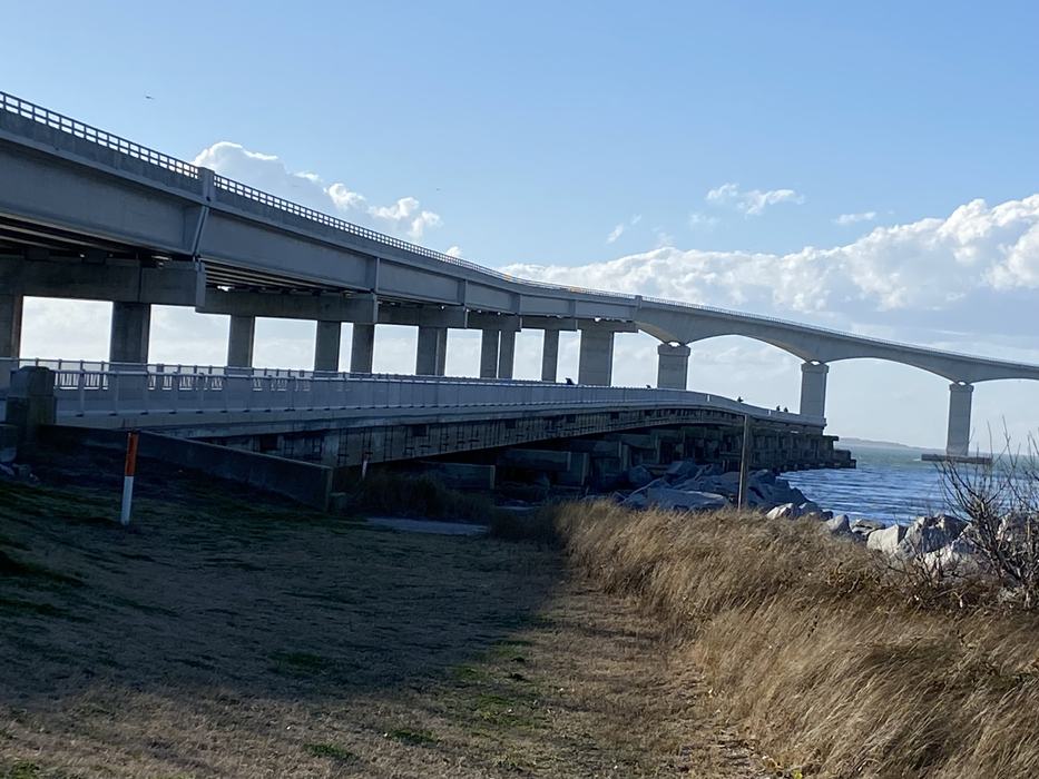 A pier under a large bridge.