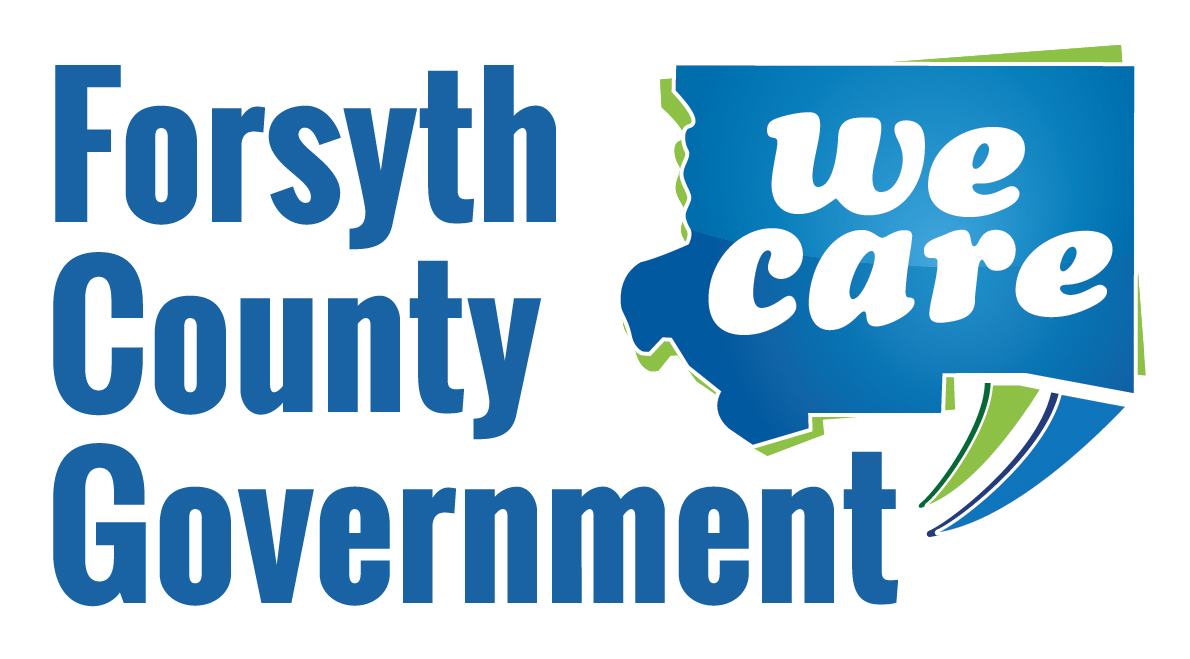 Forsyth County Government logo with blue speech-bubble map containing text "we care"
