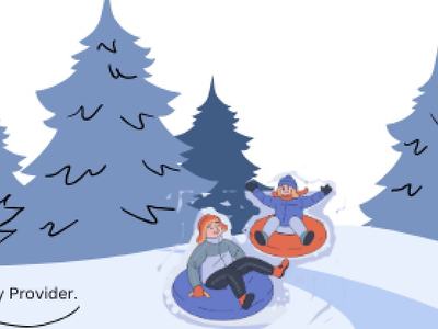 Children tubing down a snowy hill amid pine trees; N.C. Cooperative Extension logo and wooden sign.